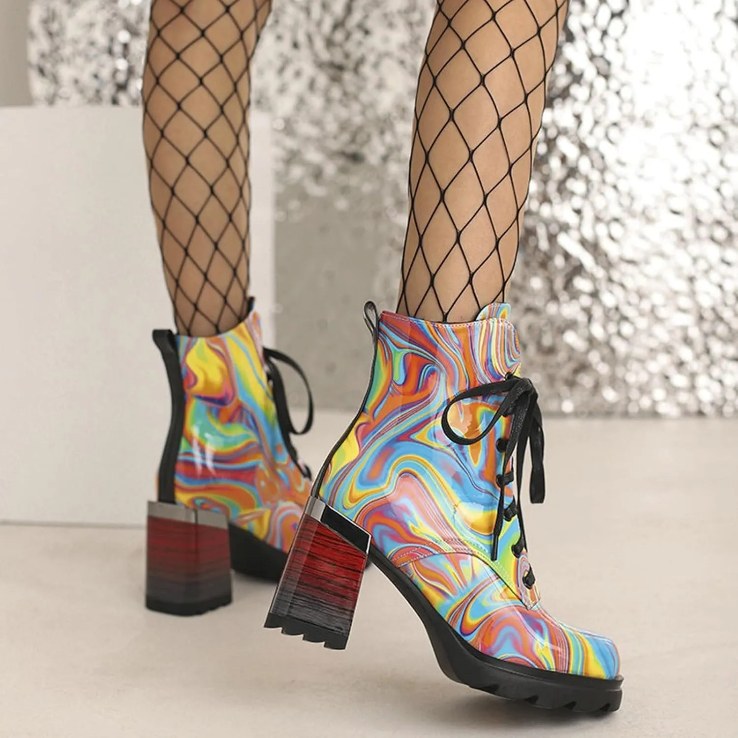 Women's Chunky Heel Ankle Booties Platform Round Toe High Block Heel Lace up Combat Boots Fashion Boot Shoes
