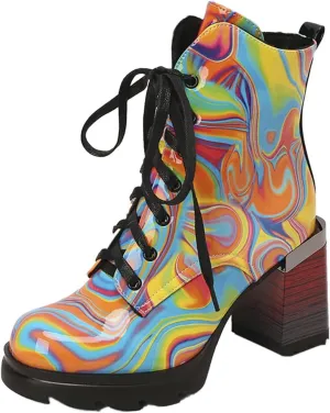 Women's Chunky Heel Ankle Booties Platform Round Toe High Block Heel Lace up Combat Boots Fashion Boot Shoes