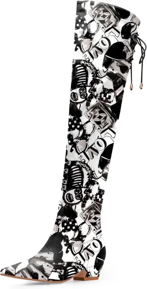 Women's Chunky Heel Thigh High Boots Closed Toe Side Zipper Lace Up Over The Knee Boots