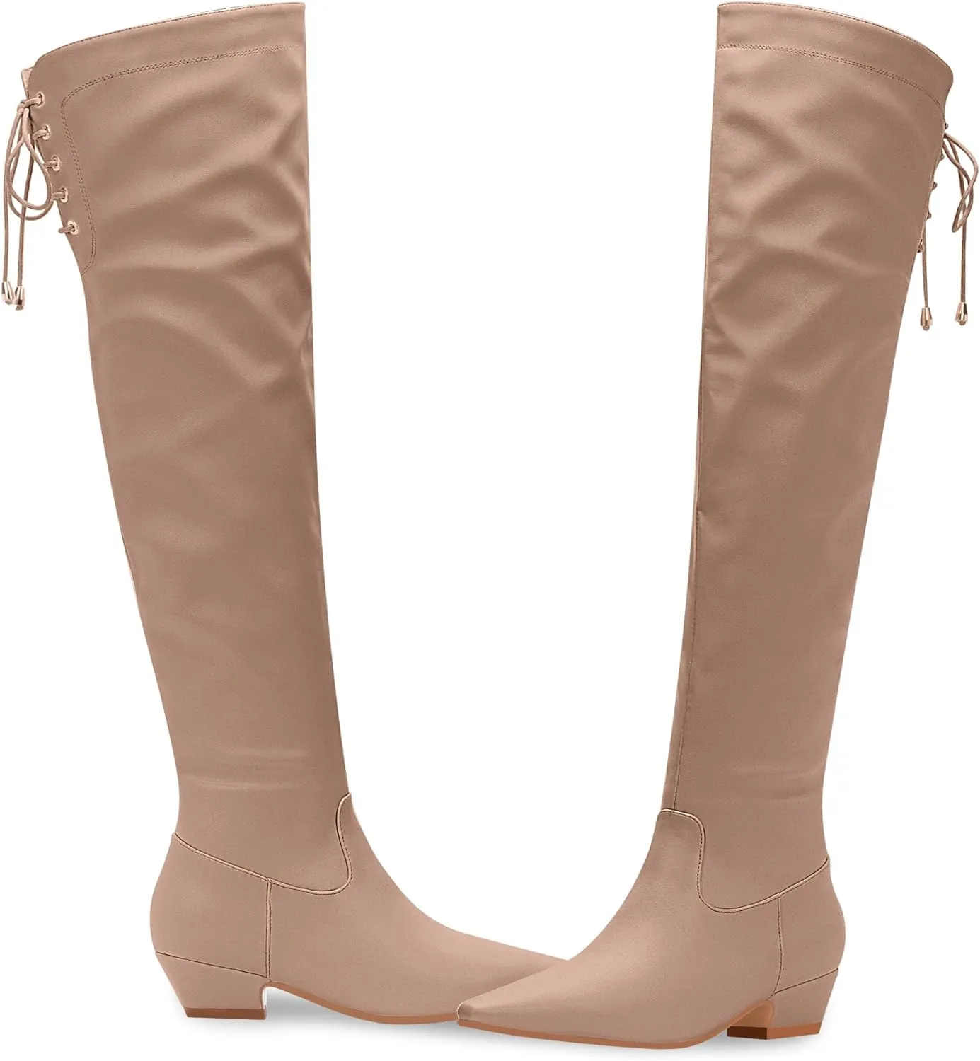 Women's Chunky Heel Thigh High Boots Closed Toe Side Zipper Lace Up Over The Knee Boots