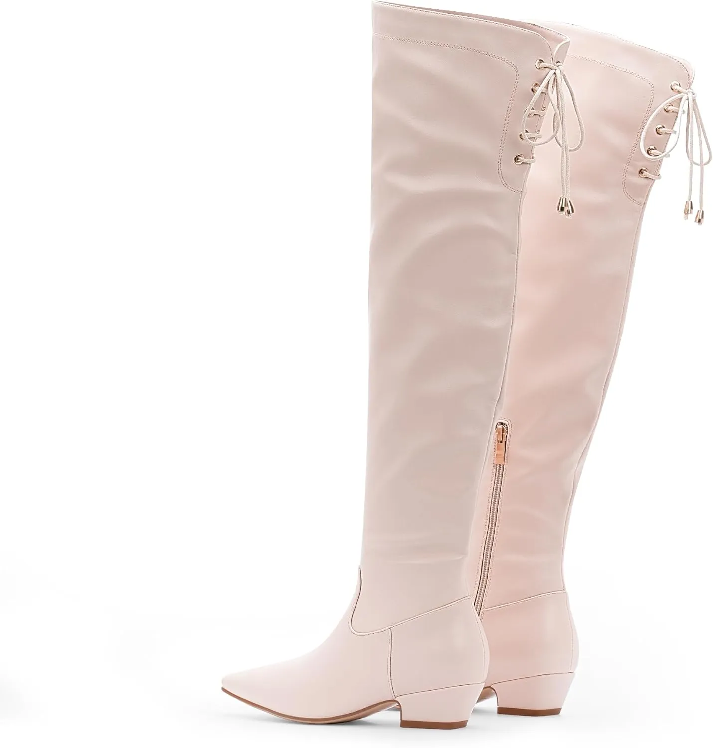 Women's Chunky Heel Thigh High Boots Closed Toe Side Zipper Lace Up Over The Knee Boots