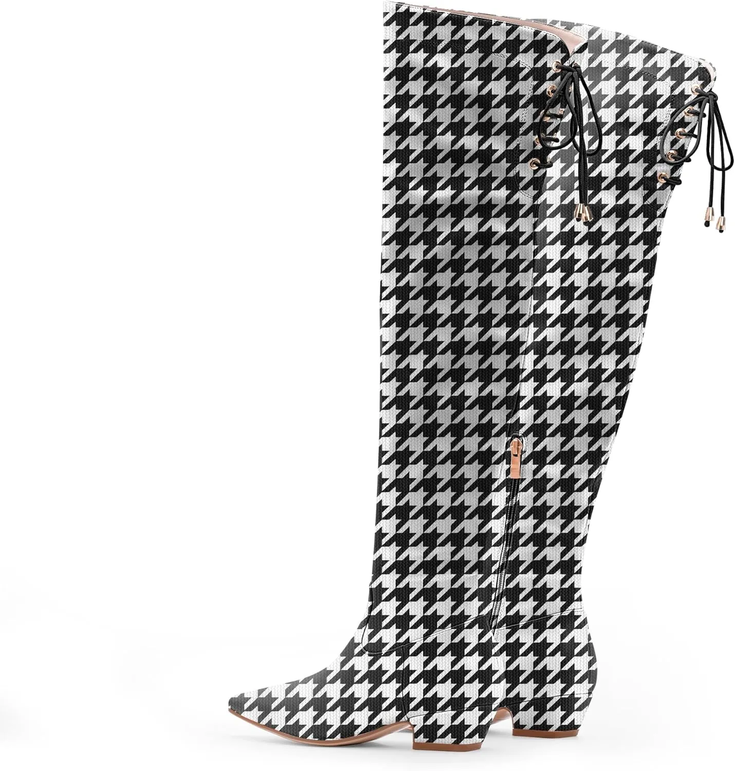 Women's Chunky Heel Thigh High Boots Closed Toe Side Zipper Lace Up Over The Knee Boots