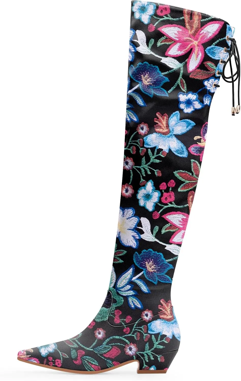 Women's Chunky Heel Thigh High Boots Closed Toe Side Zipper Lace Up Over The Knee Boots