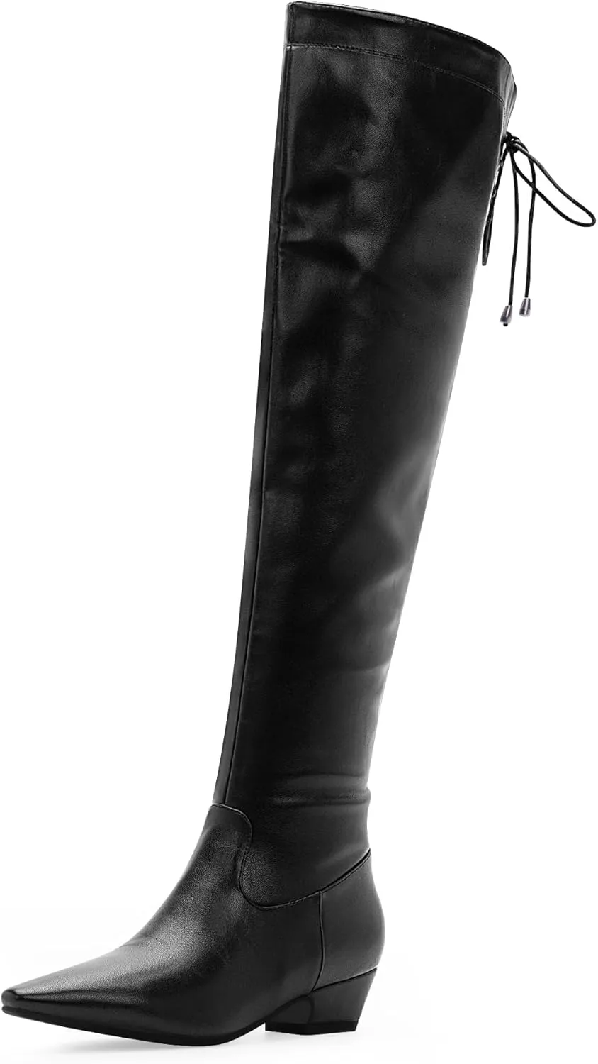 Women's Chunky Heel Thigh High Boots Closed Toe Side Zipper Lace Up Over The Knee Boots
