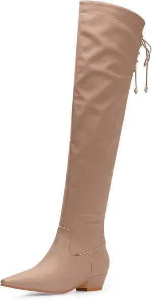Women's Chunky Heel Thigh High Boots Closed Toe Side Zipper Lace Up Over The Knee Boots
