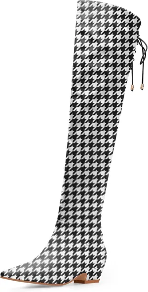 Women's Chunky Heel Thigh High Boots Closed Toe Side Zipper Lace Up Over The Knee Boots