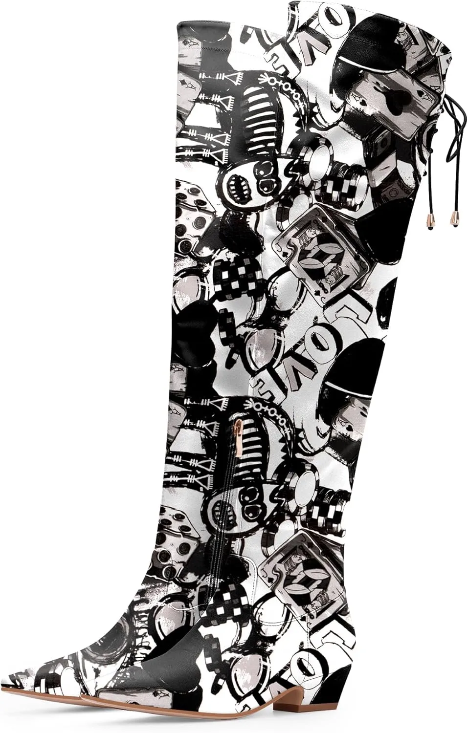 Women's Chunky Heel Thigh High Boots Closed Toe Side Zipper Lace Up Over The Knee Boots