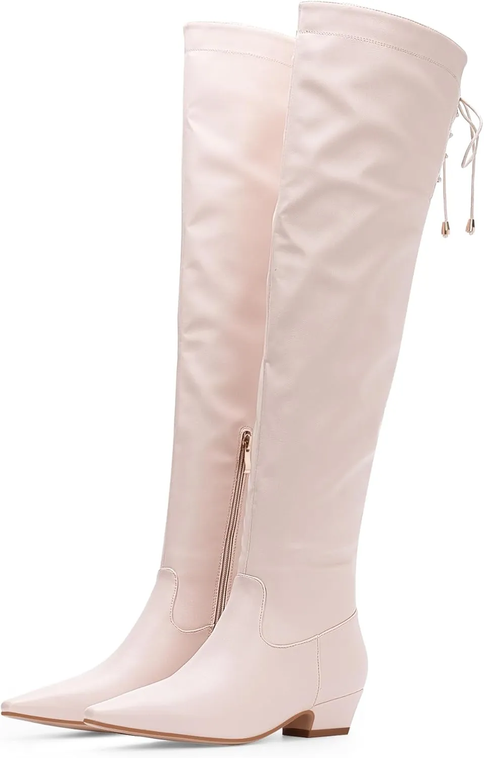 Women's Chunky Heel Thigh High Boots Closed Toe Side Zipper Lace Up Over The Knee Boots