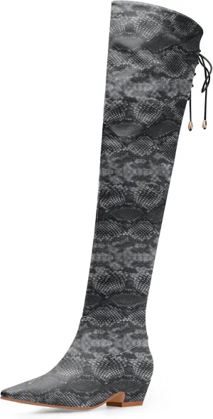 Women's Chunky Heel Thigh High Boots Closed Toe Side Zipper Lace Up Over The Knee Boots