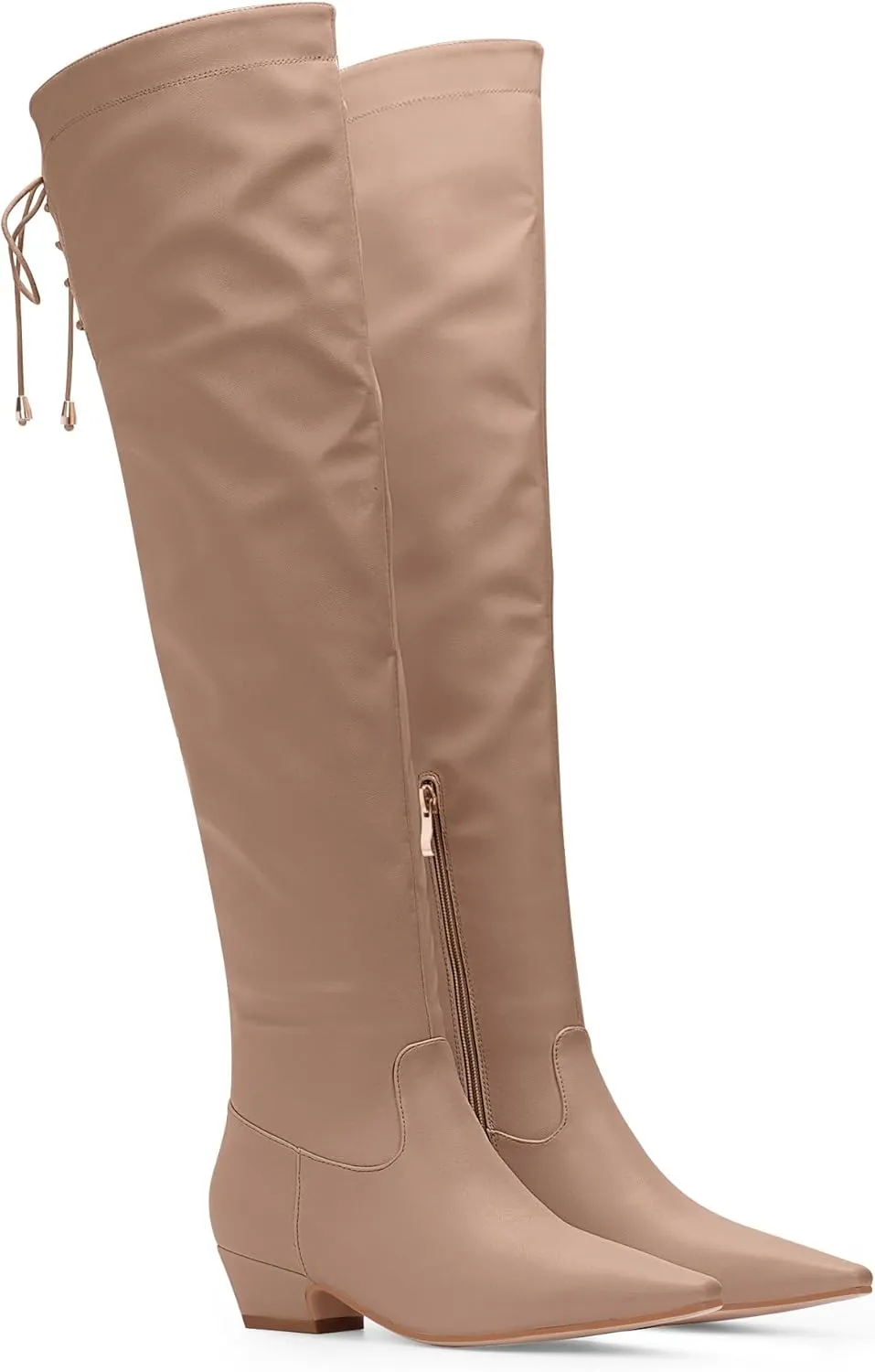Women's Chunky Heel Thigh High Boots Closed Toe Side Zipper Lace Up Over The Knee Boots