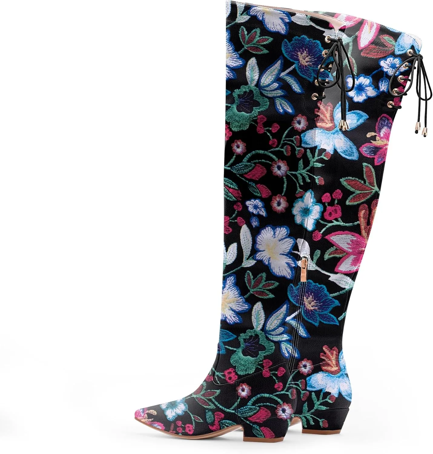 Women's Chunky Heel Thigh High Boots Closed Toe Side Zipper Lace Up Over The Knee Boots