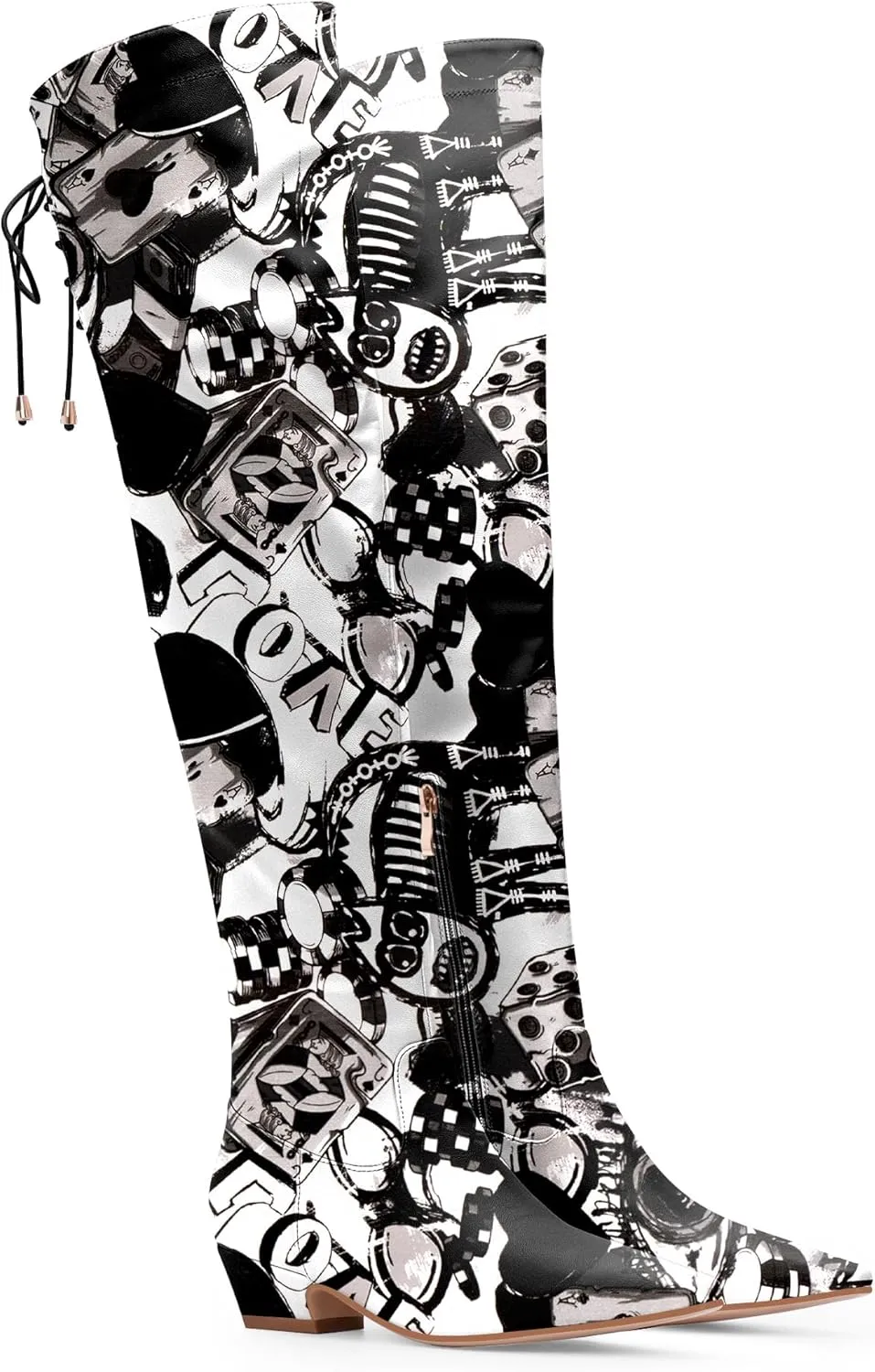 Women's Chunky Heel Thigh High Boots Closed Toe Side Zipper Lace Up Over The Knee Boots