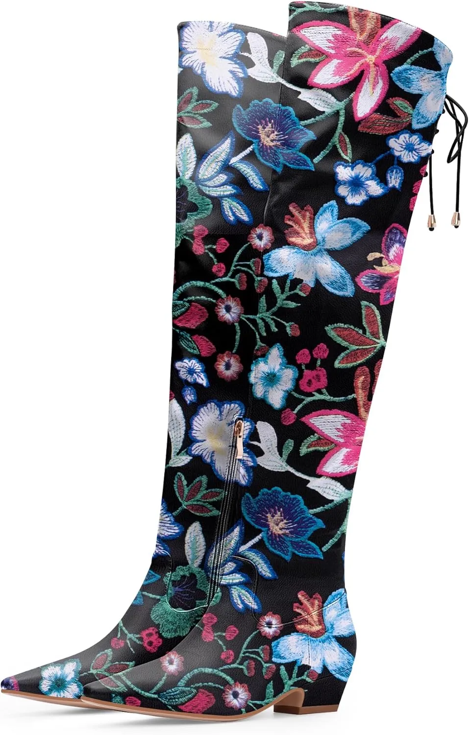 Women's Chunky Heel Thigh High Boots Closed Toe Side Zipper Lace Up Over The Knee Boots