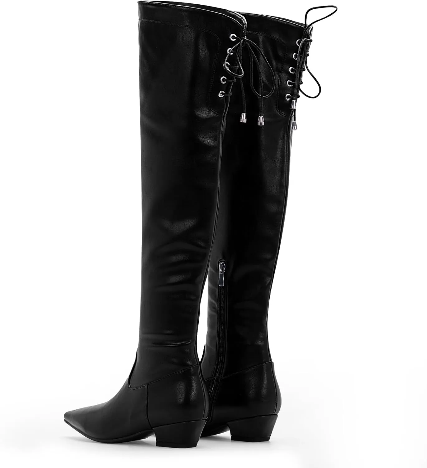 Women's Chunky Heel Thigh High Boots Closed Toe Side Zipper Lace Up Over The Knee Boots