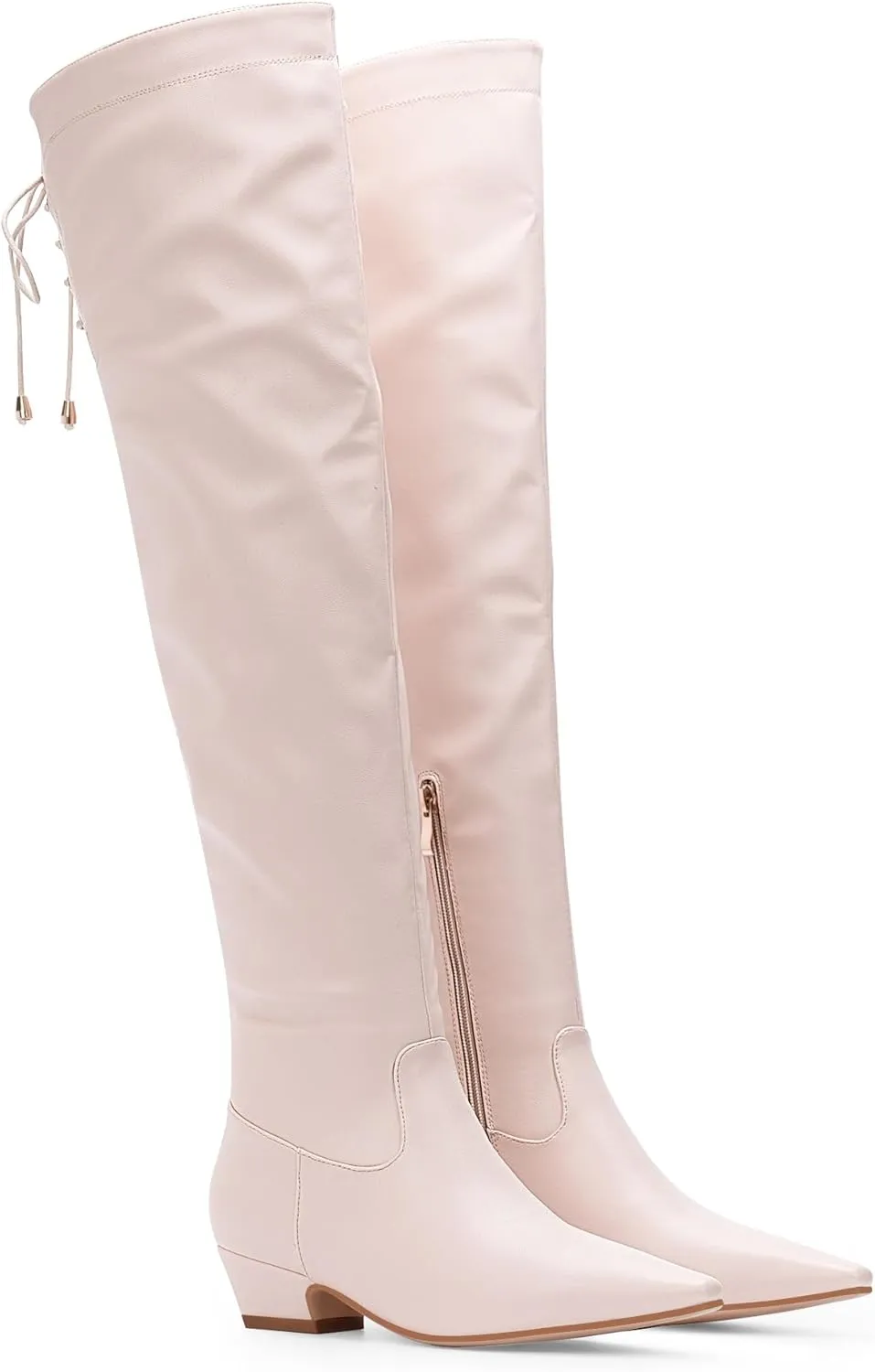 Women's Chunky Heel Thigh High Boots Closed Toe Side Zipper Lace Up Over The Knee Boots