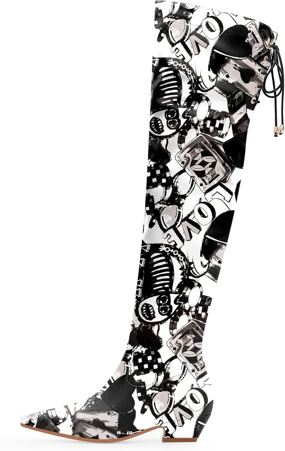 Women's Chunky Heel Thigh High Boots Closed Toe Side Zipper Lace Up Over The Knee Boots