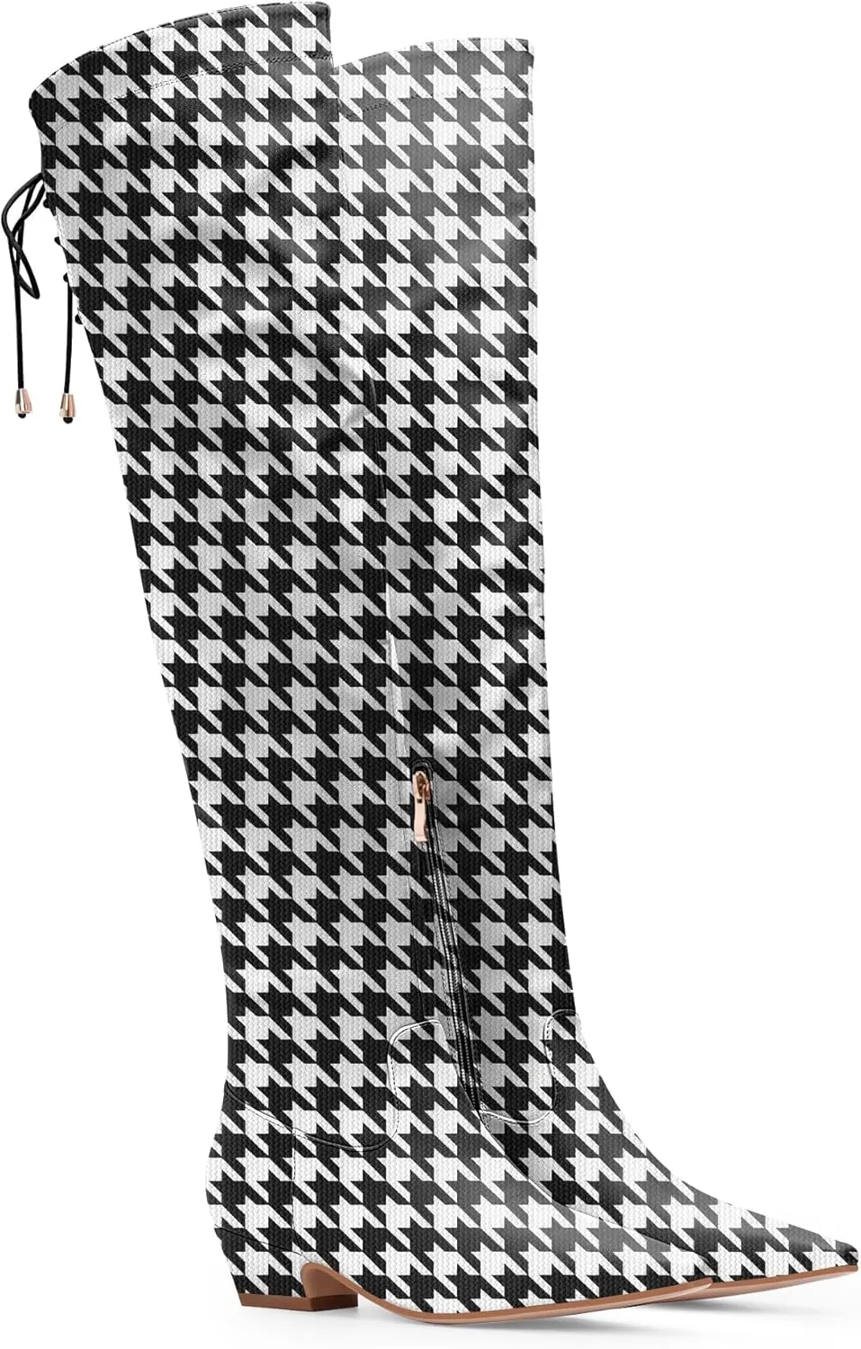 Women's Chunky Heel Thigh High Boots Closed Toe Side Zipper Lace Up Over The Knee Boots