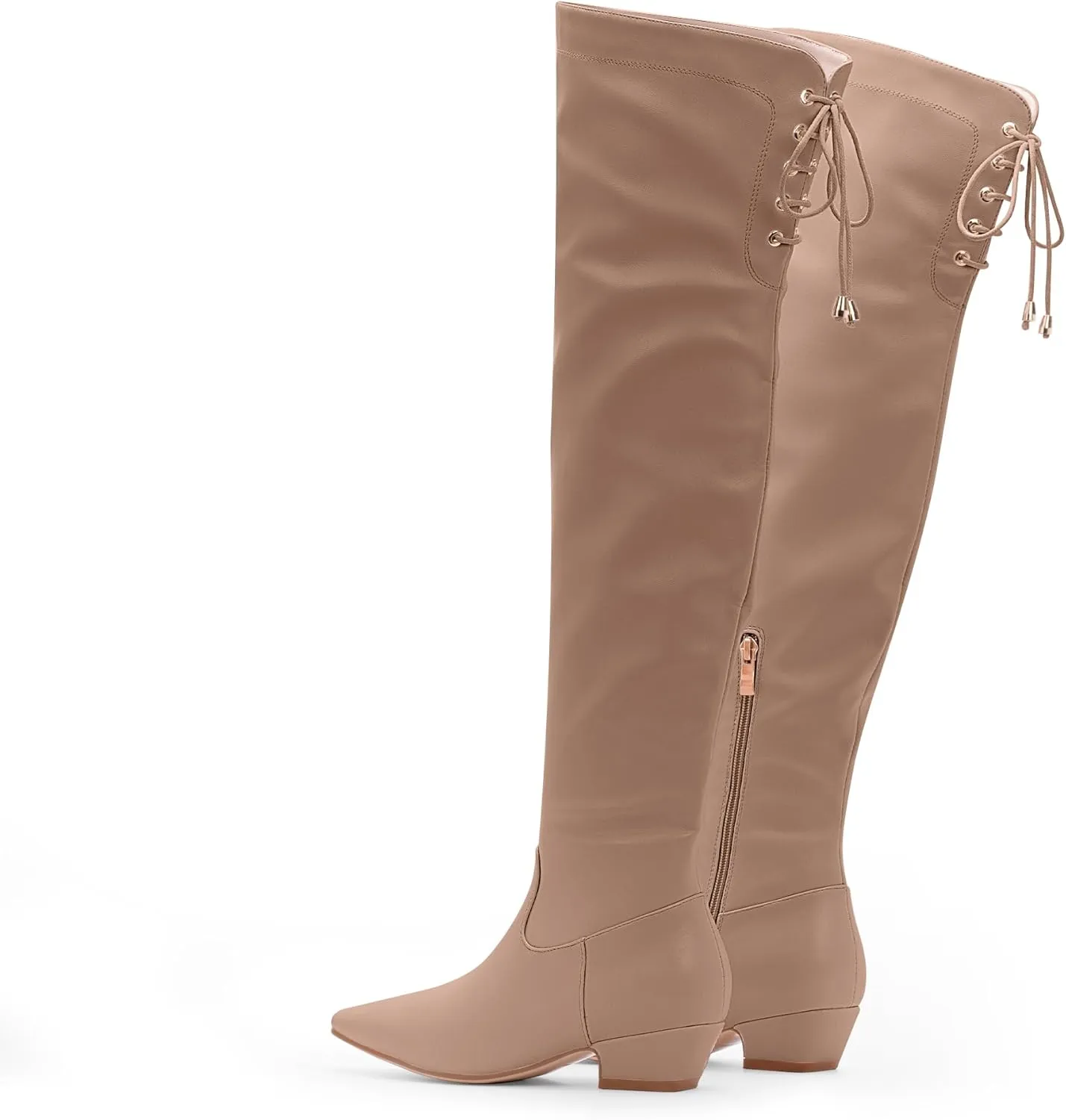 Women's Chunky Heel Thigh High Boots Closed Toe Side Zipper Lace Up Over The Knee Boots