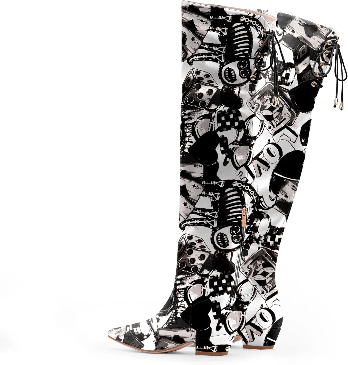 Women's Chunky Heel Thigh High Boots Closed Toe Side Zipper Lace Up Over The Knee Boots