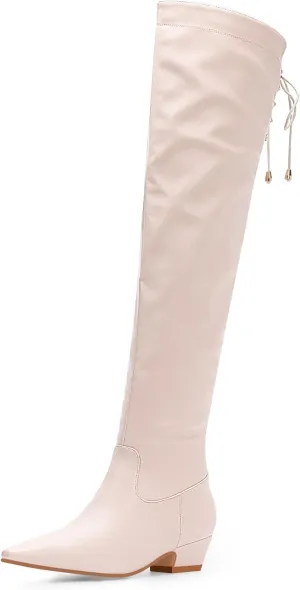Women's Chunky Heel Thigh High Boots Closed Toe Side Zipper Lace Up Over The Knee Boots