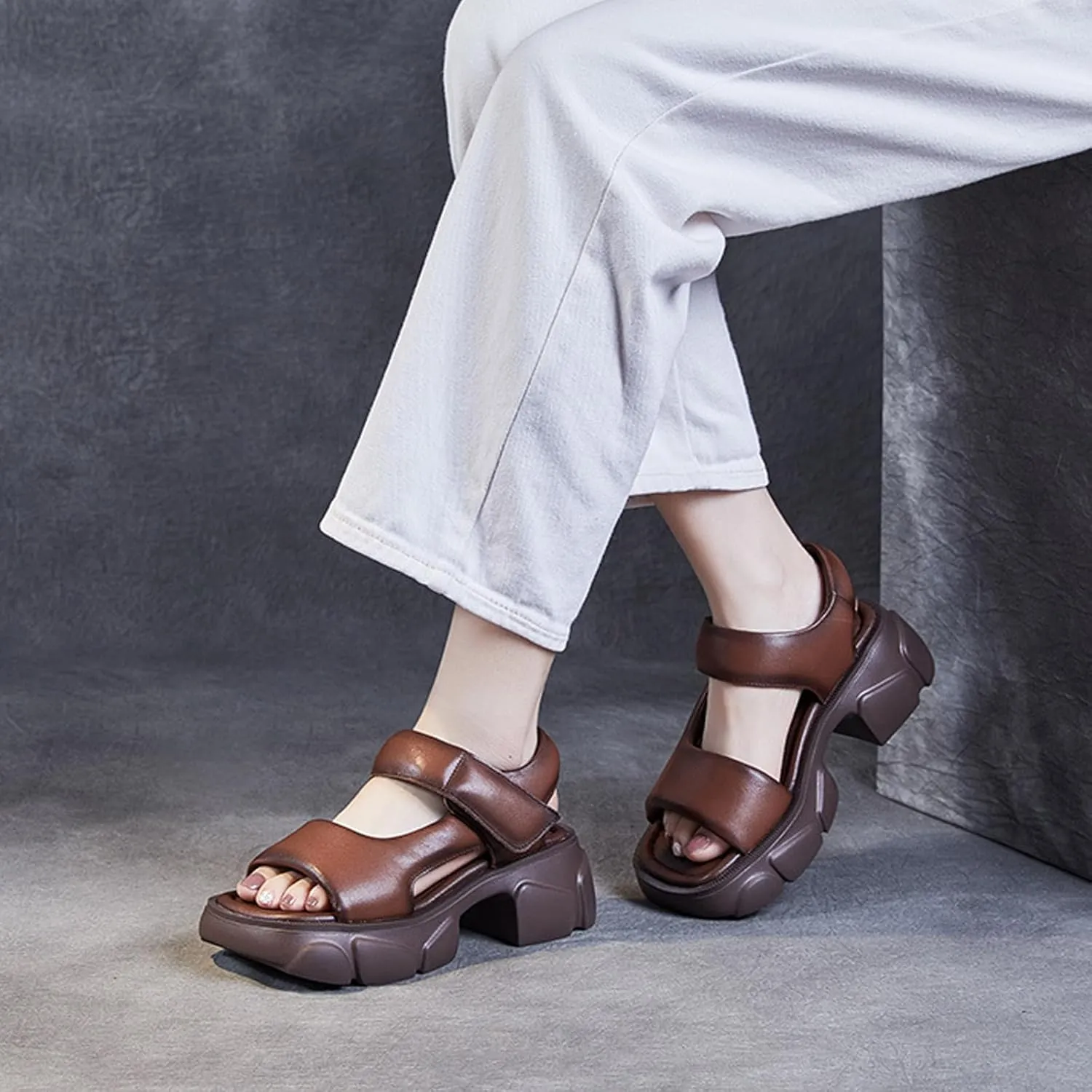 Women'S Genuine Leather Platforms Chunky Sandals With Adjustable Hook Loop Round Open Toe High Platform Fisherman Sandals Summer Casual Beach Walk Sandals