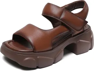 Women'S Genuine Leather Platforms Chunky Sandals With Adjustable Hook Loop Round Open Toe High Platform Fisherman Sandals Summer Casual Beach Walk Sandals