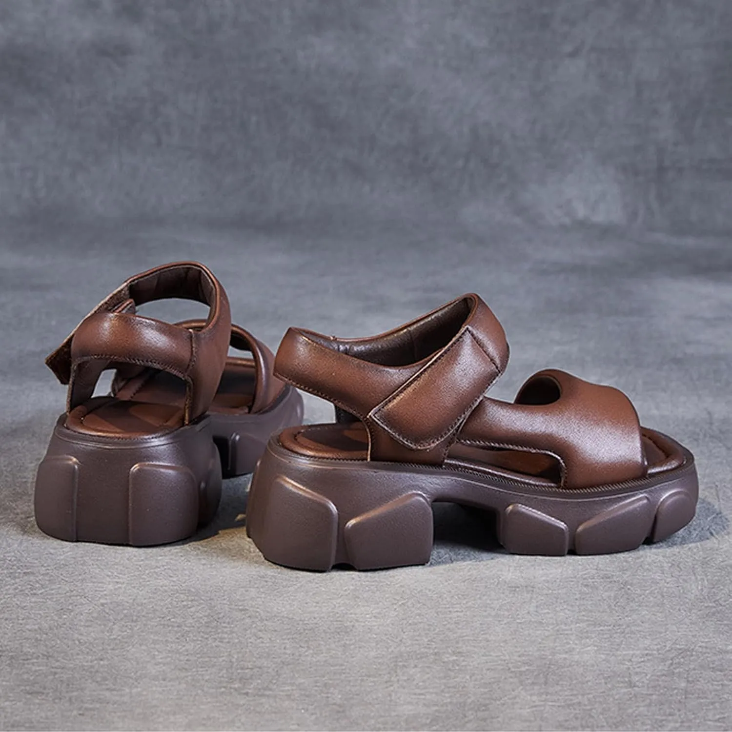 Women'S Genuine Leather Platforms Chunky Sandals With Adjustable Hook Loop Round Open Toe High Platform Fisherman Sandals Summer Casual Beach Walk Sandals