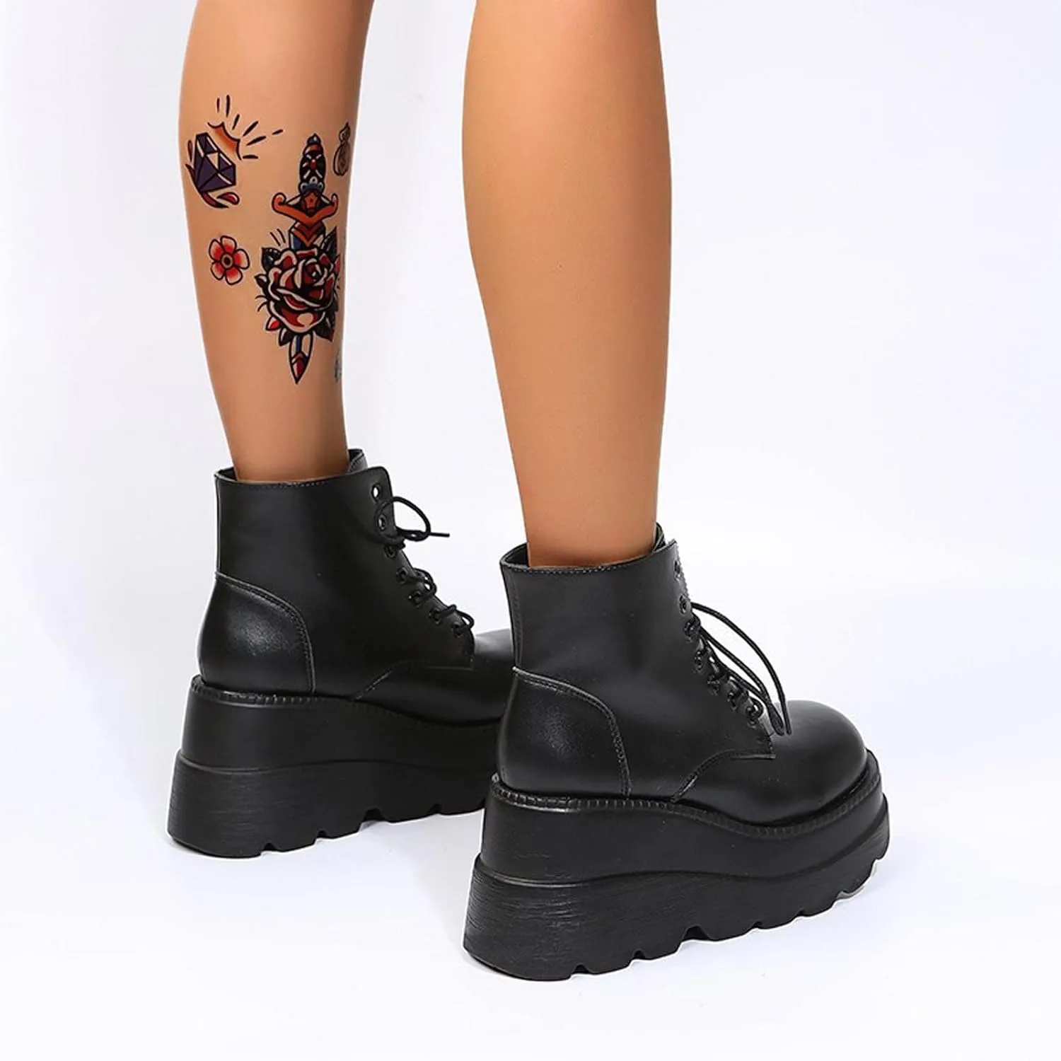 Womens High Platform Goth Ankle Booties Wedges Chunky High Heel Round-Toe Lace up Punk Combat Boots for Women