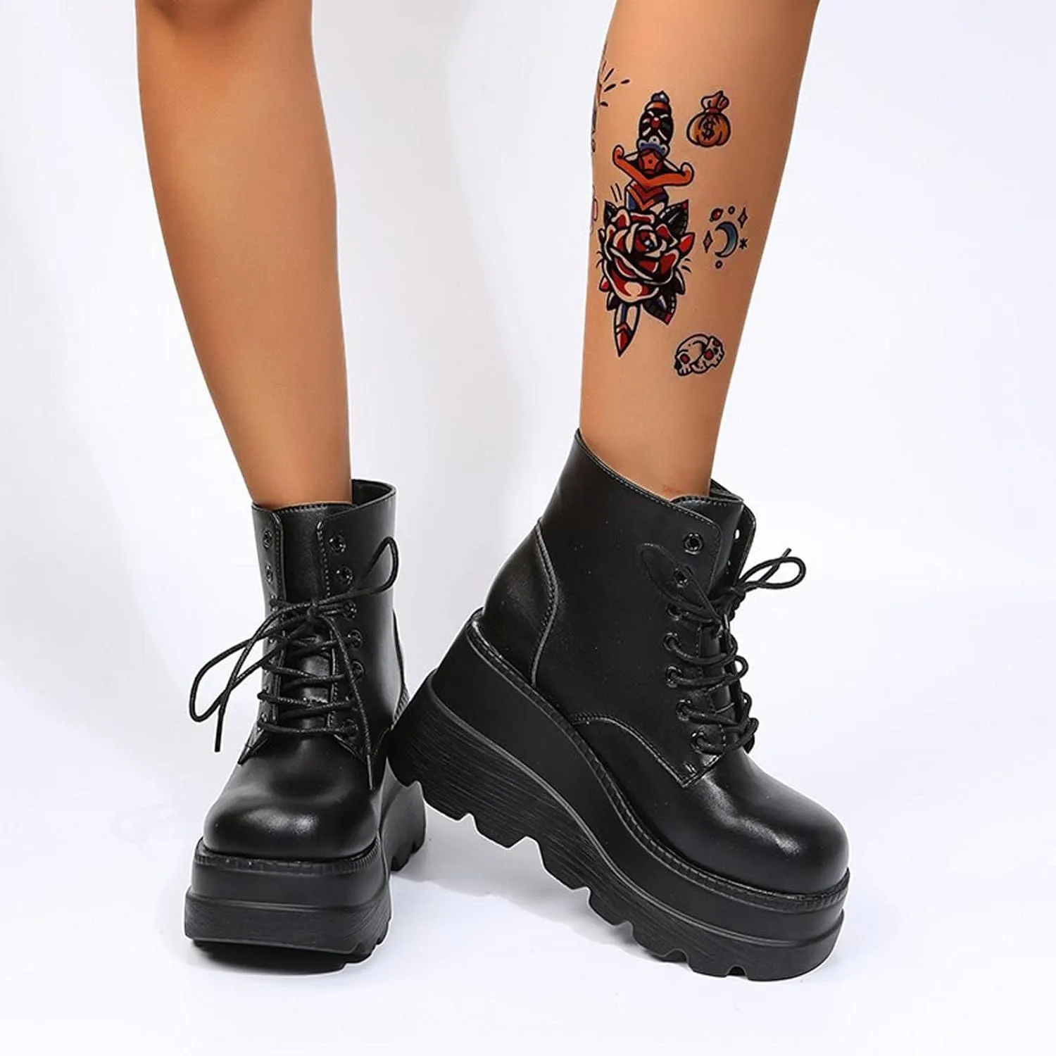 Womens High Platform Goth Ankle Booties Wedges Chunky High Heel Round-Toe Lace up Punk Combat Boots for Women