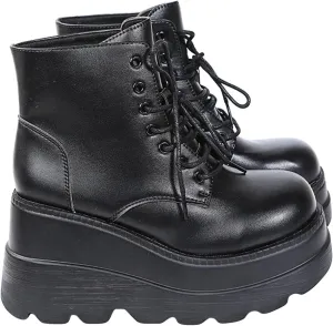 Womens High Platform Goth Ankle Booties Wedges Chunky High Heel Round-Toe Lace up Punk Combat Boots for Women