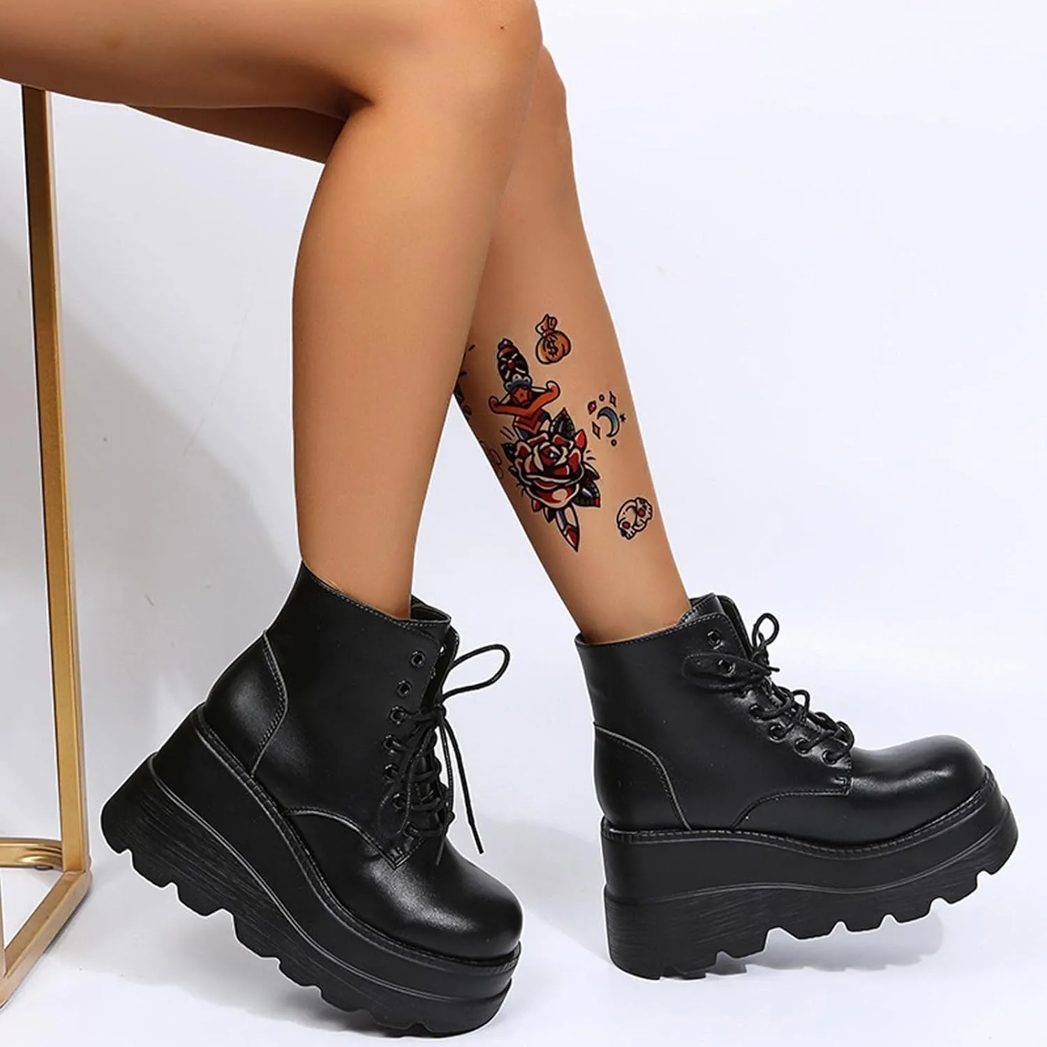 Womens High Platform Goth Ankle Booties Wedges Chunky High Heel Round-Toe Lace up Punk Combat Boots for Women