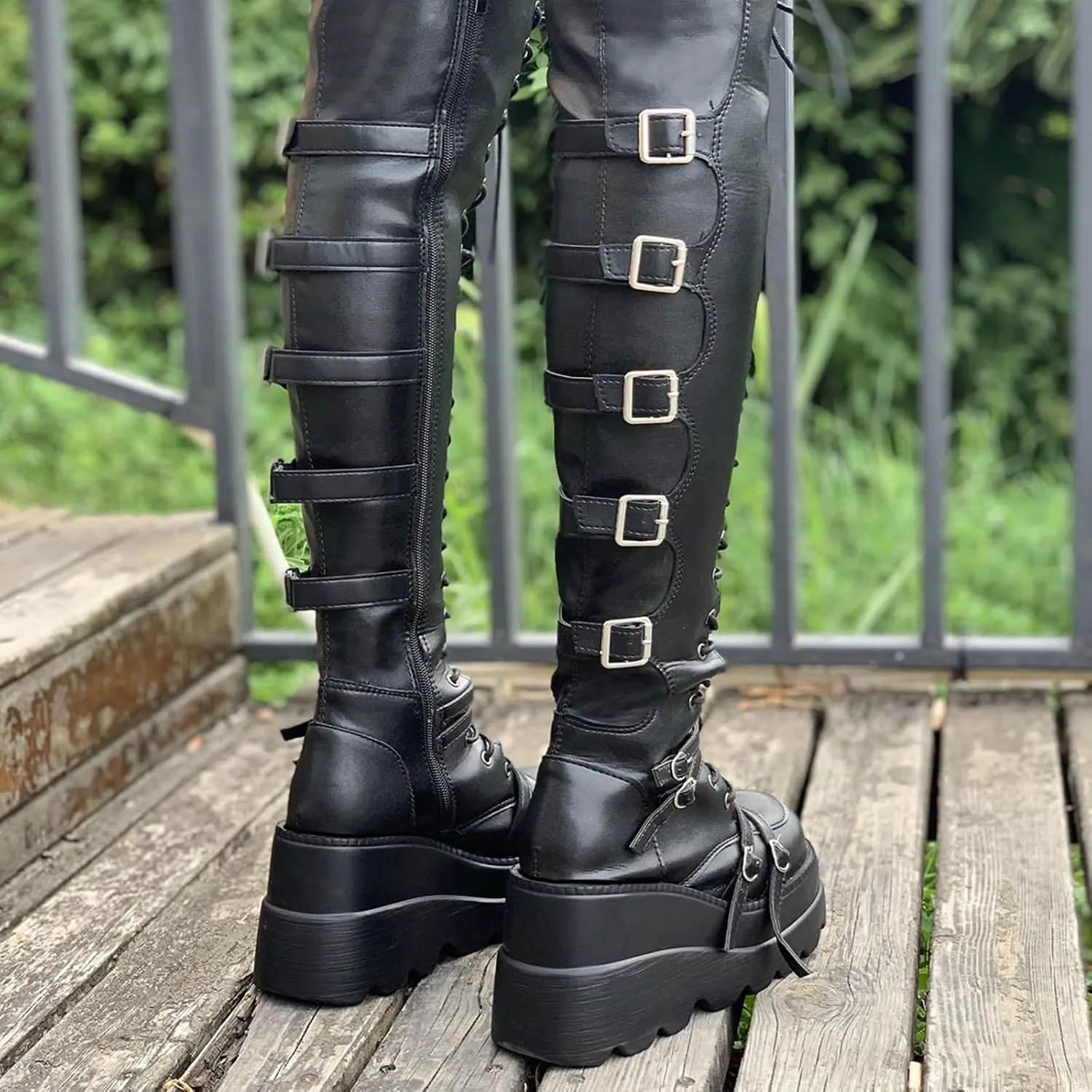 Womens High Platform Punk Boots Side Zipper Wedges Combat Booties Lace-up Black Goth Over The Knee Boots for Women