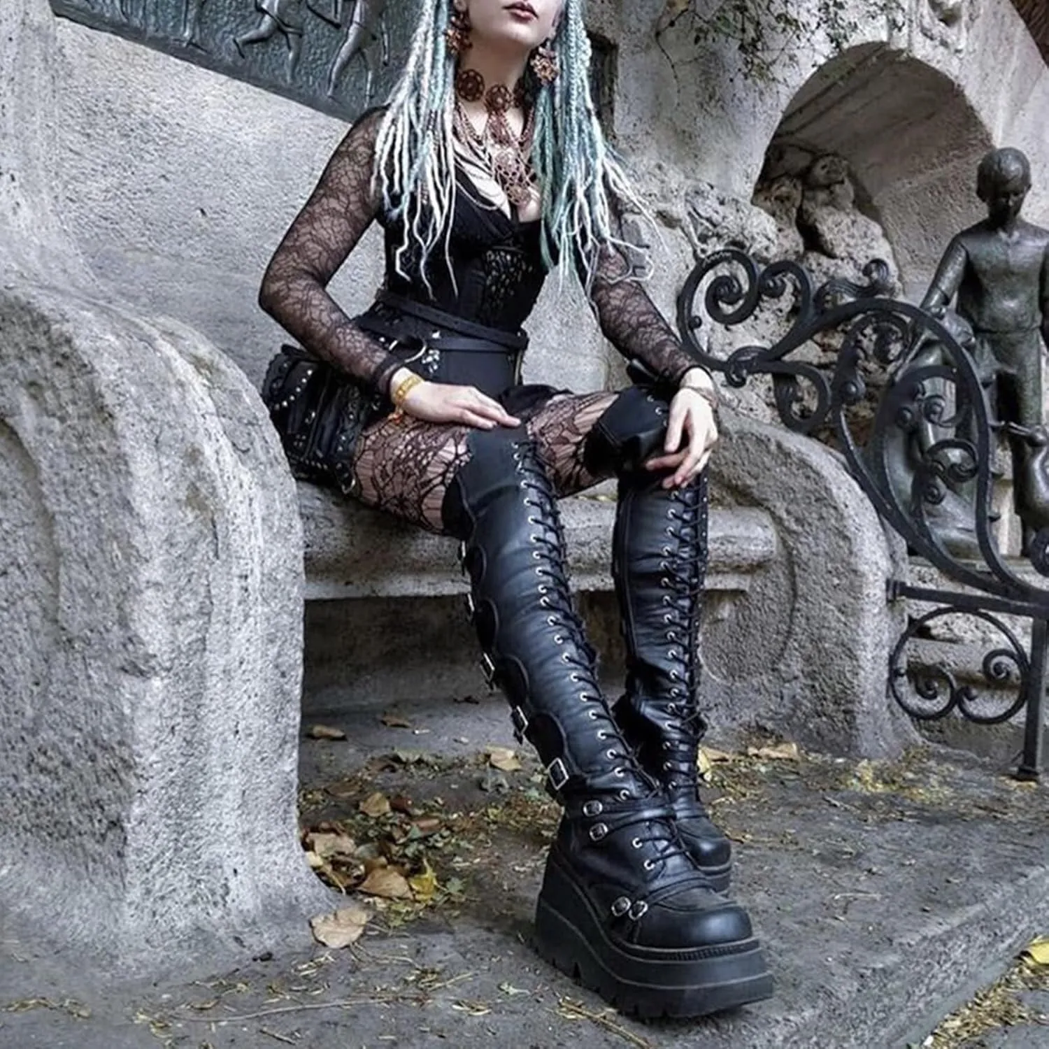 Womens High Platform Punk Boots Side Zipper Wedges Combat Booties Lace-up Black Goth Over The Knee Boots for Women