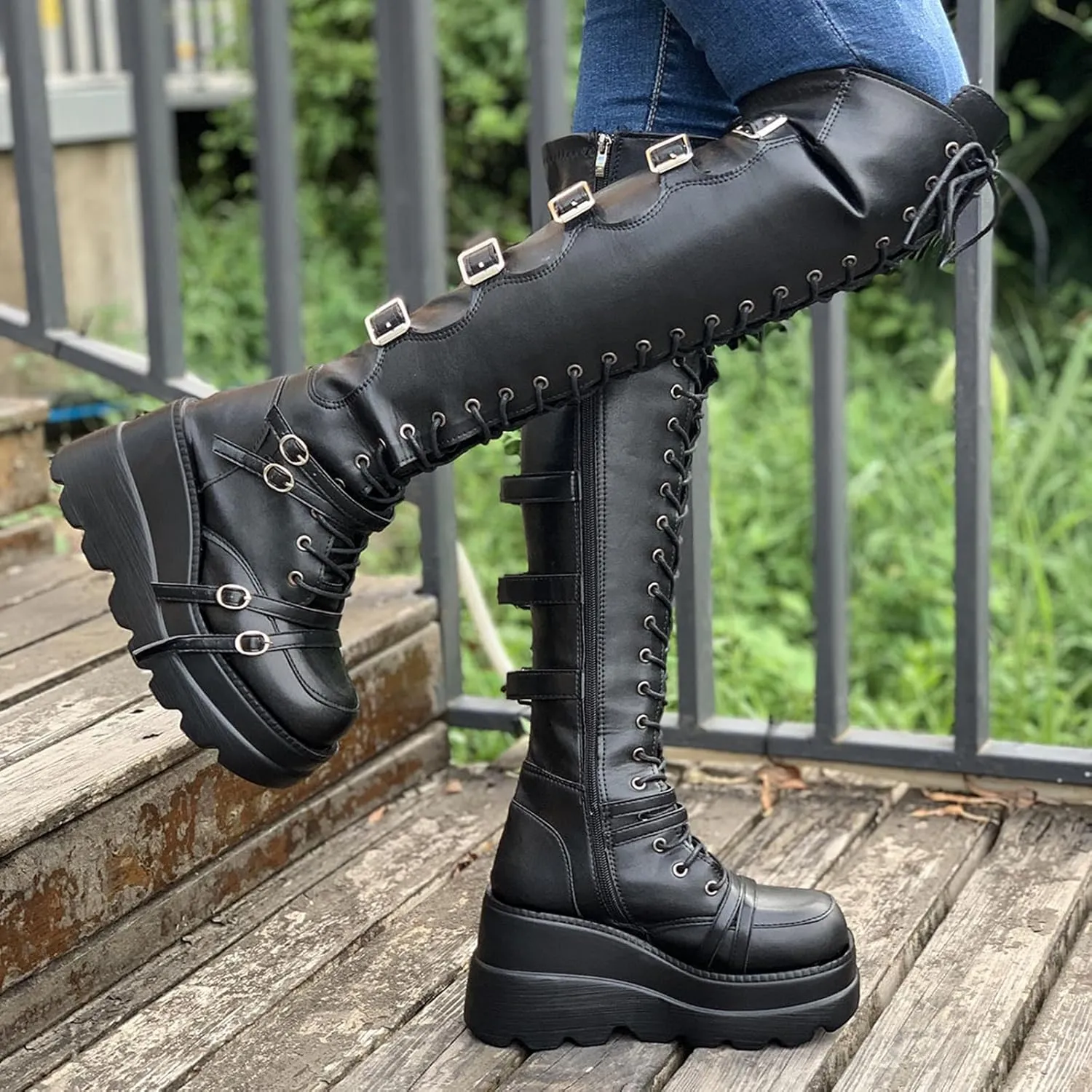 Womens High Platform Punk Boots Side Zipper Wedges Combat Booties Lace-up Black Goth Over The Knee Boots for Women