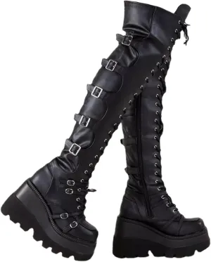 Womens High Platform Punk Boots Side Zipper Wedges Combat Booties Lace-up Black Goth Over The Knee Boots for Women