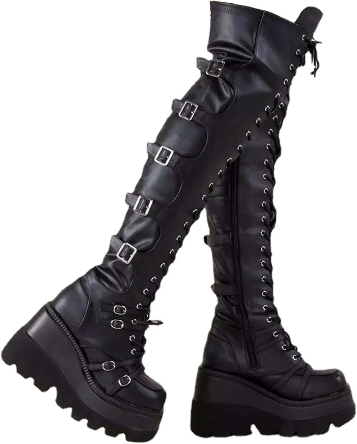 Womens High Platform Punk Boots Side Zipper Wedges Combat Booties Lace-up Black Goth Over The Knee Boots for Women