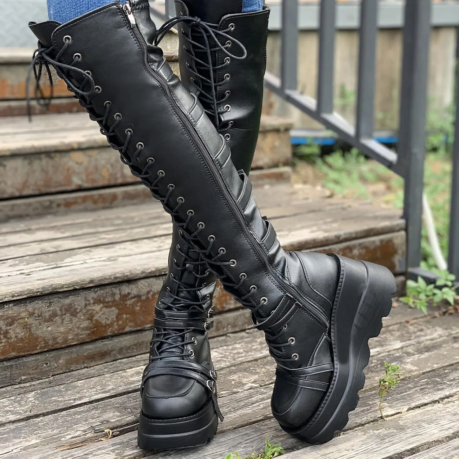 Womens High Platform Punk Boots Side Zipper Wedges Combat Booties Lace-up Black Goth Over The Knee Boots for Women