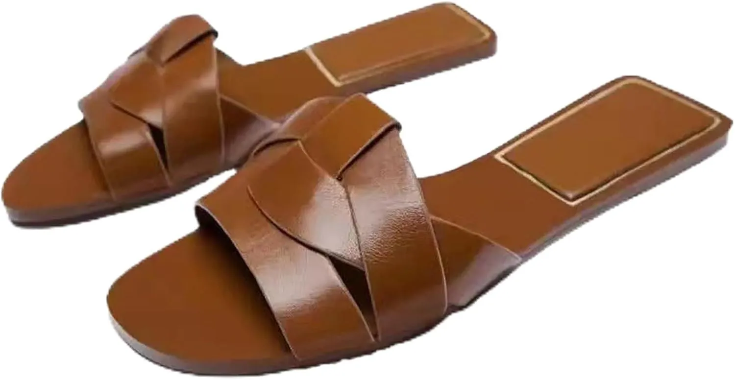 Women's Leather Criss Cross Strappy Slip On Slides Sandals Fashion Braided Round Open Toe Flat Beach Slipper Summer Casual Walking Party Sandals