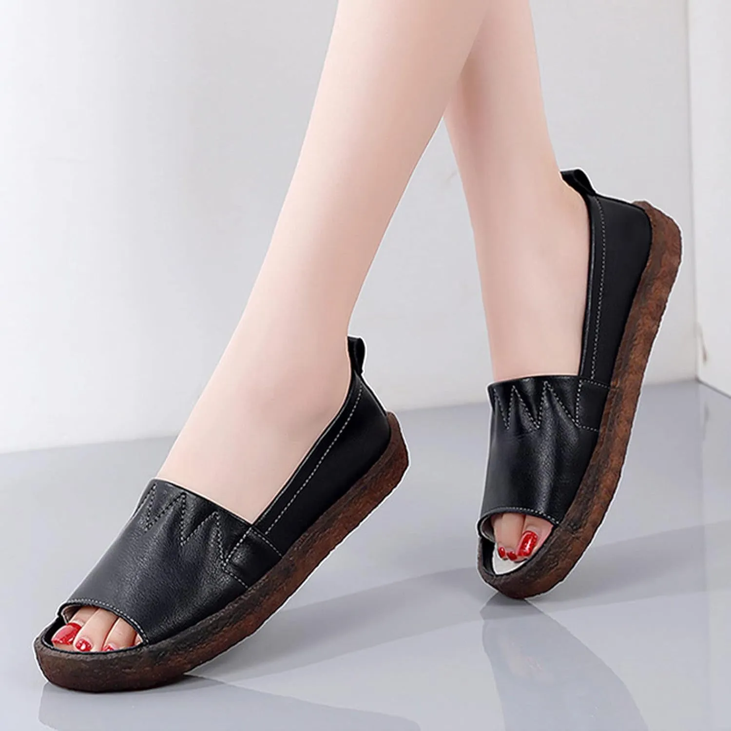 Women's Leather Slip-on Casual Dress Shoes,Comfort Breathable Non-Slip Softsole Flat Oxfords Driving Fashion Sneakers