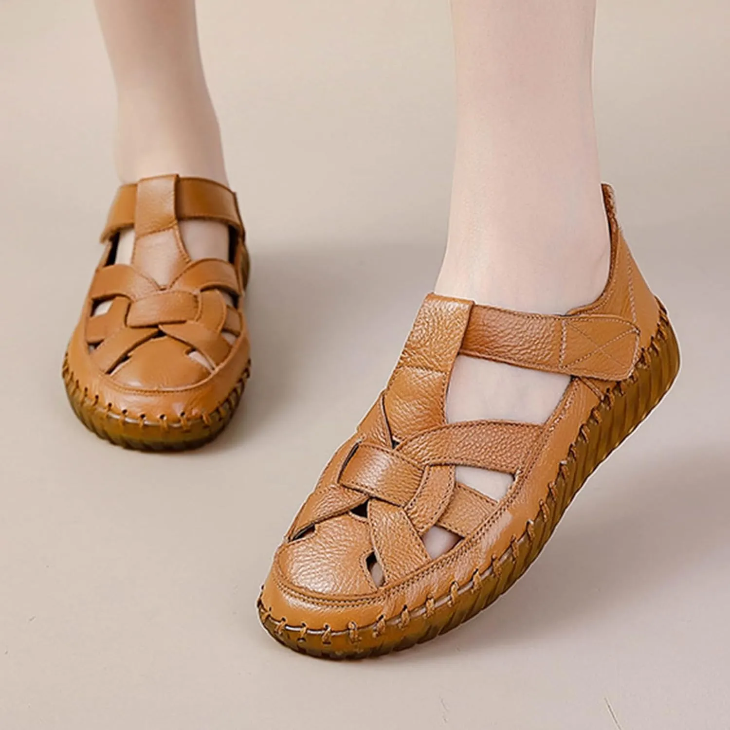 Women's Summer Casual Boho Gladiator Leather Sandals,Comfort Handmade Woven Closed Toe Adjustable Hook Loop Beach Shoes