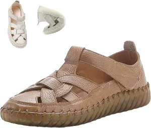 Women's Summer Casual Boho Gladiator Leather Sandals,Comfort Handmade Woven Closed Toe Adjustable Hook Loop Beach Shoes