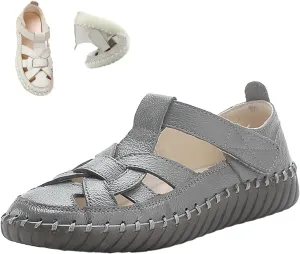 Women's Summer Casual Boho Gladiator Leather Sandals,Comfort Handmade Woven Closed Toe Adjustable Hook Loop Beach Shoes