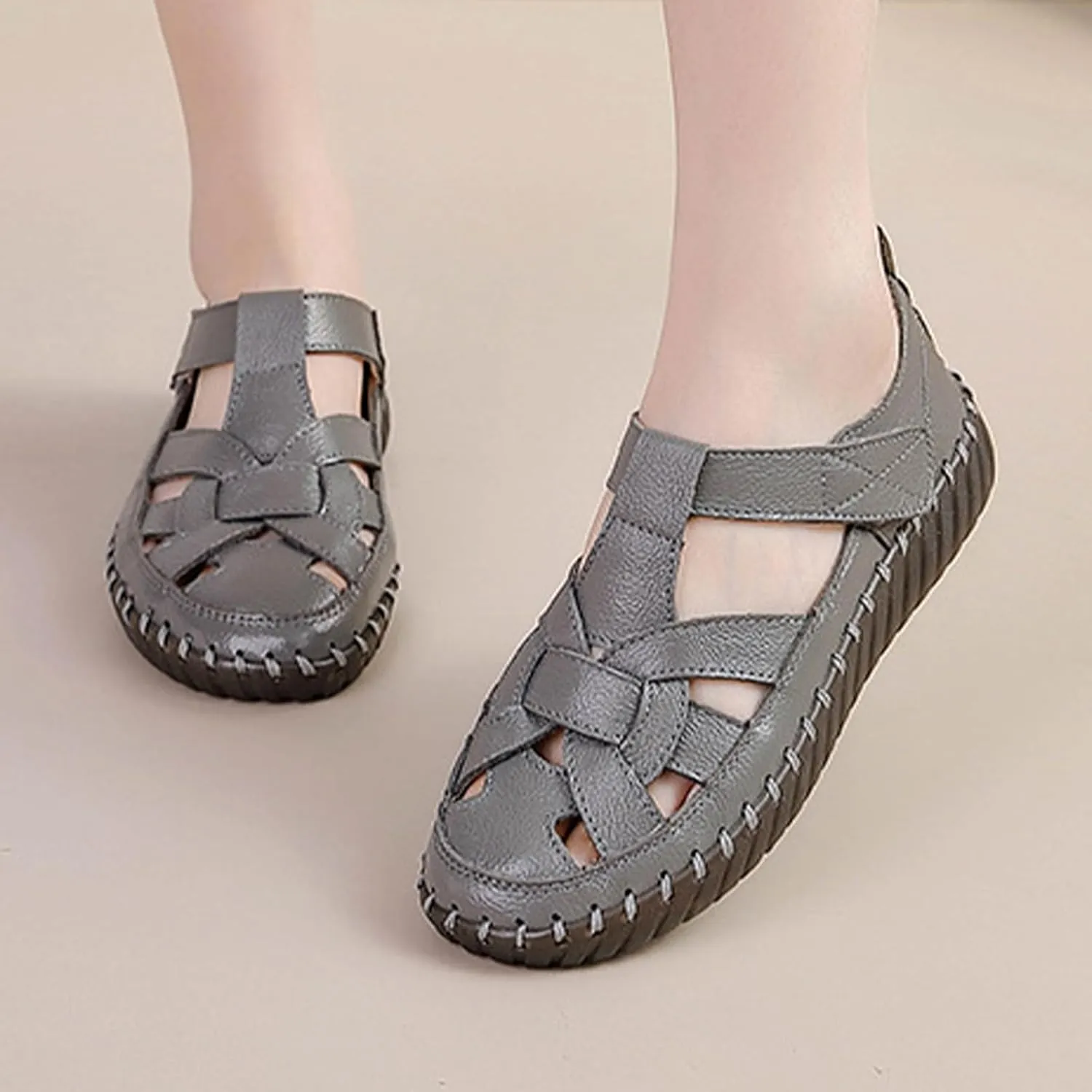 Women's Summer Casual Boho Gladiator Leather Sandals,Comfort Handmade Woven Closed Toe Adjustable Hook Loop Beach Shoes