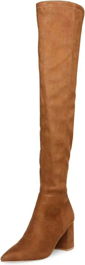 YDN Women Over-The-Knee Boots Comfy Zipper Medium Chunky Heels Closed Point Toe Fancy Pull On Business Shoes