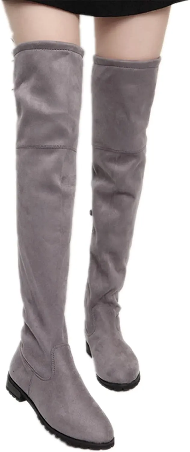 ZBYY Women's Comfy Suede Block Heel Side Zipper Back Lace Thigh High Over The Knee Boots Fashion Sexy Chunky Heel Boots