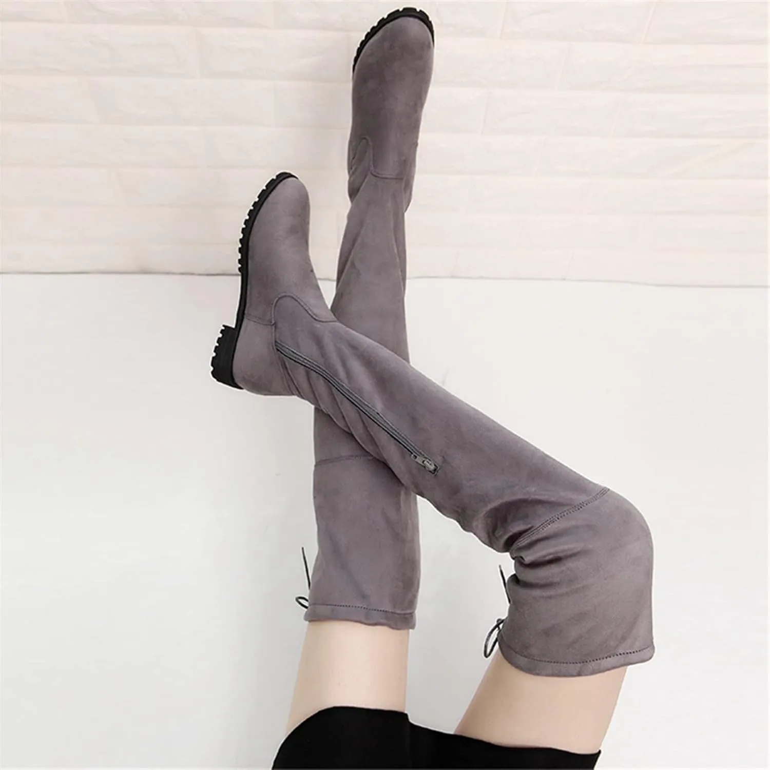 ZBYY Women's Comfy Suede Block Heel Side Zipper Back Lace Thigh High Over The Knee Boots Fashion Sexy Chunky Heel Boots
