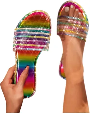 ZBYY Women's Open Toe Flat Sandals Rhinestone Glitter Bling Casual Fashion Slippers Beach Indoor Outdoor Slides