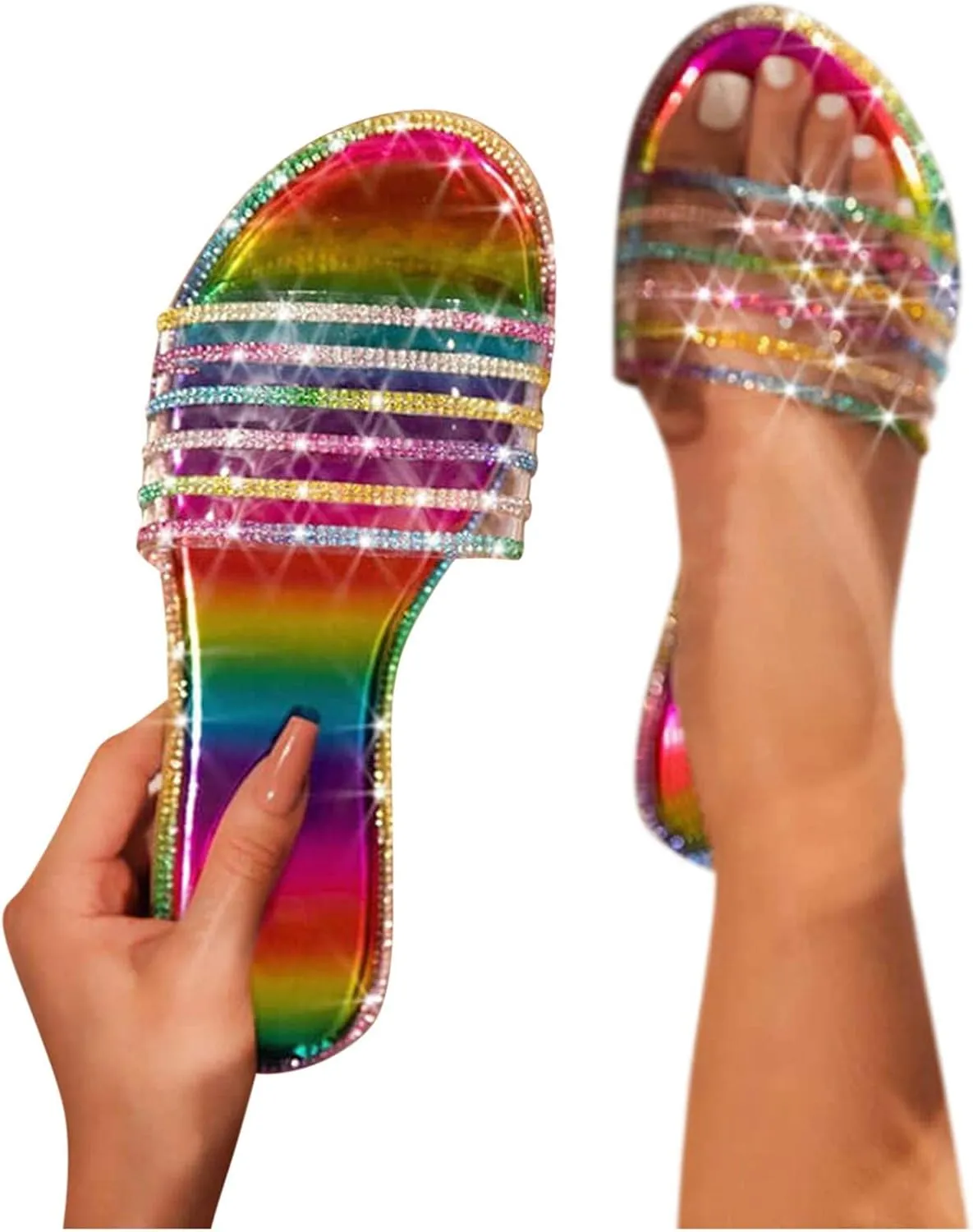 ZBYY Women's Open Toe Flat Sandals Rhinestone Glitter Bling Casual Fashion Slippers Beach Indoor Outdoor Slides