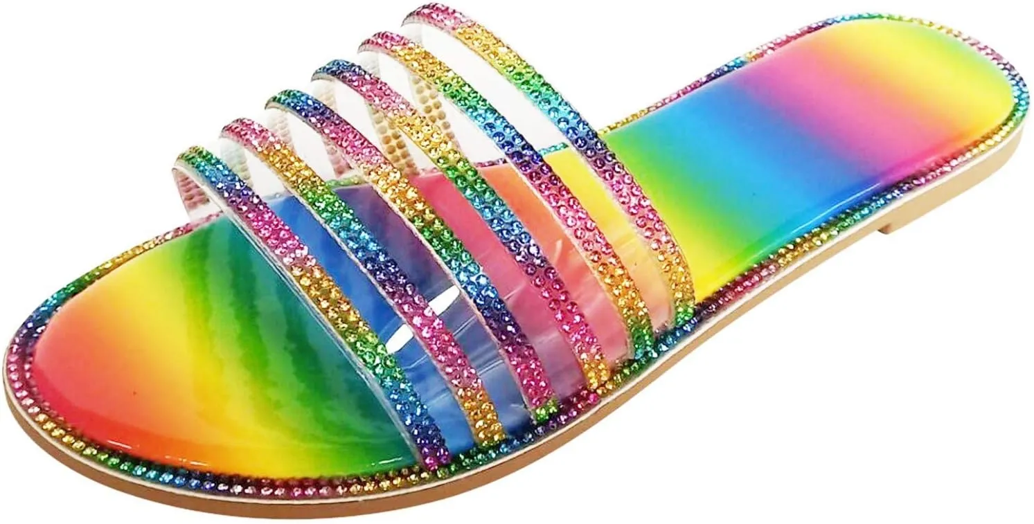 ZBYY Women's Open Toe Flat Sandals Rhinestone Glitter Bling Casual Fashion Slippers Beach Indoor Outdoor Slides