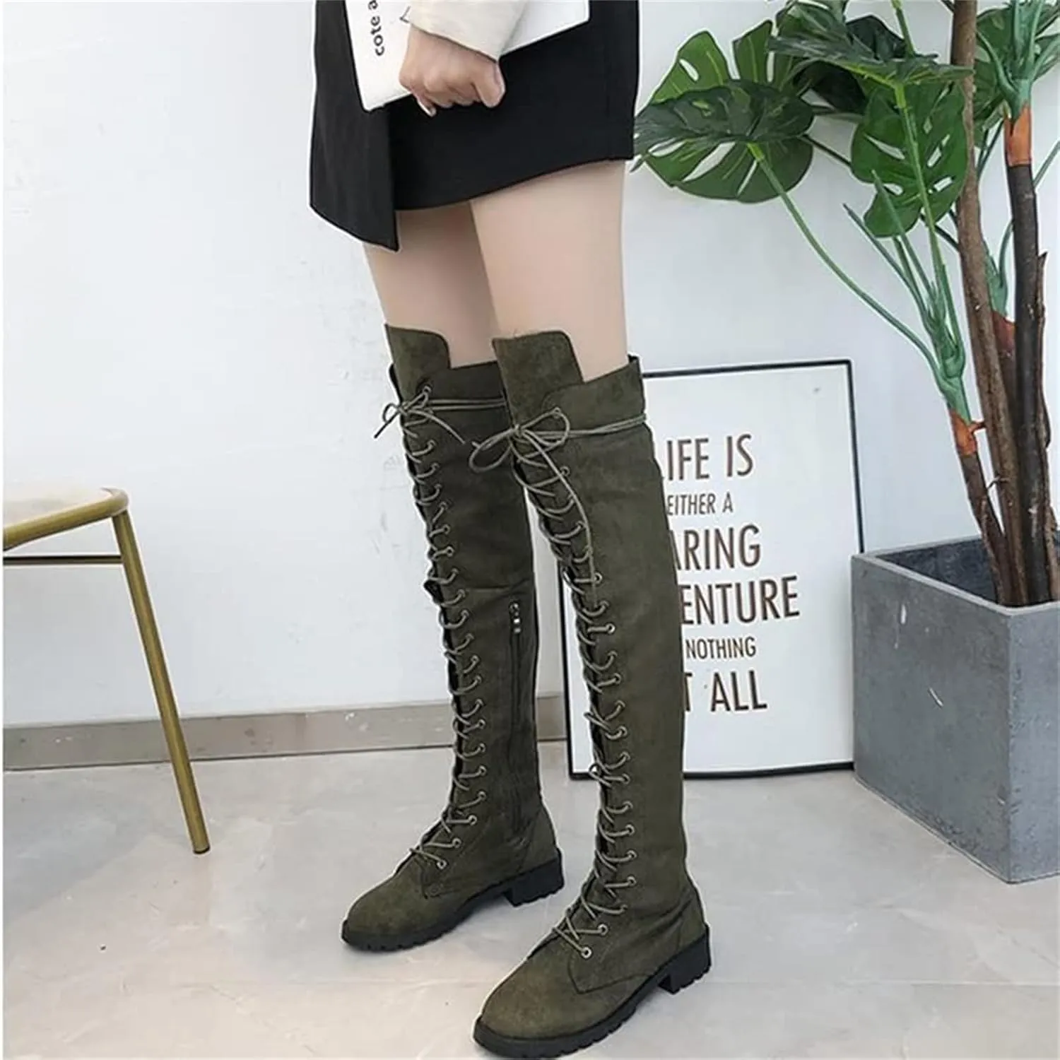 ZHOUYF Womens Over The Knee Boots Fashion Faux Suede Winter Stretchy Tall Boots Lace Up Low Heel Thigh High Riding Boots for Women